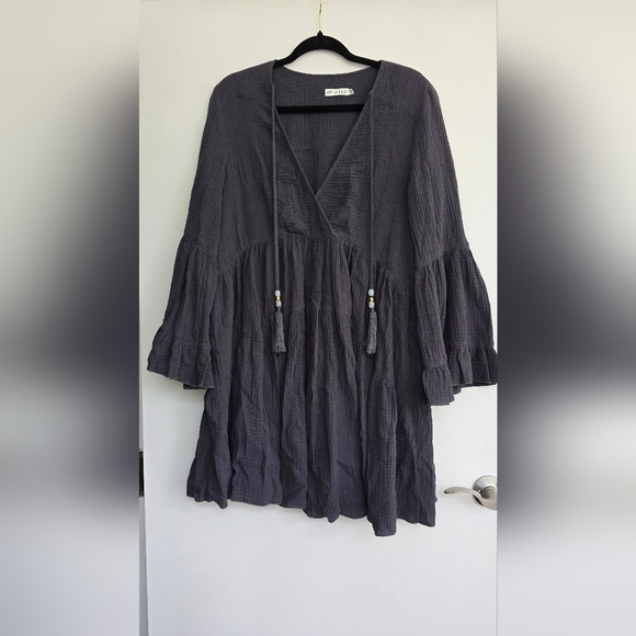 AVEC LES FILLES Gray Oversized Fit Cotton Mini-Tiered Dress XS - Picture 5 of 9